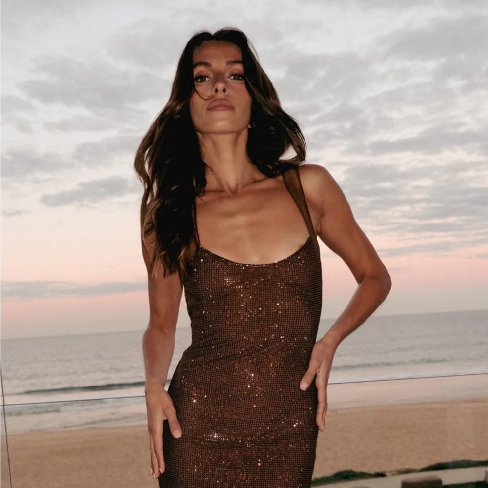 Meshki Brown Sequin Backless Dress Scoop Neck Sleeveless